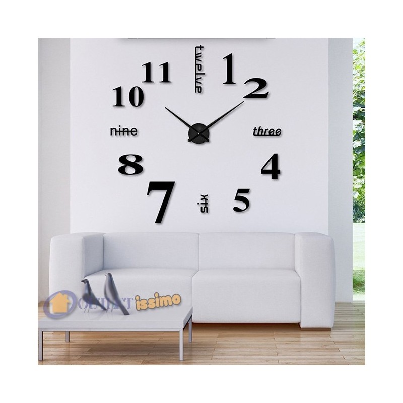 OROLOGIO DA PARETE TRIDIMENSIONALE NUMERI LETTERE ADESIVI NERO 3D 1604