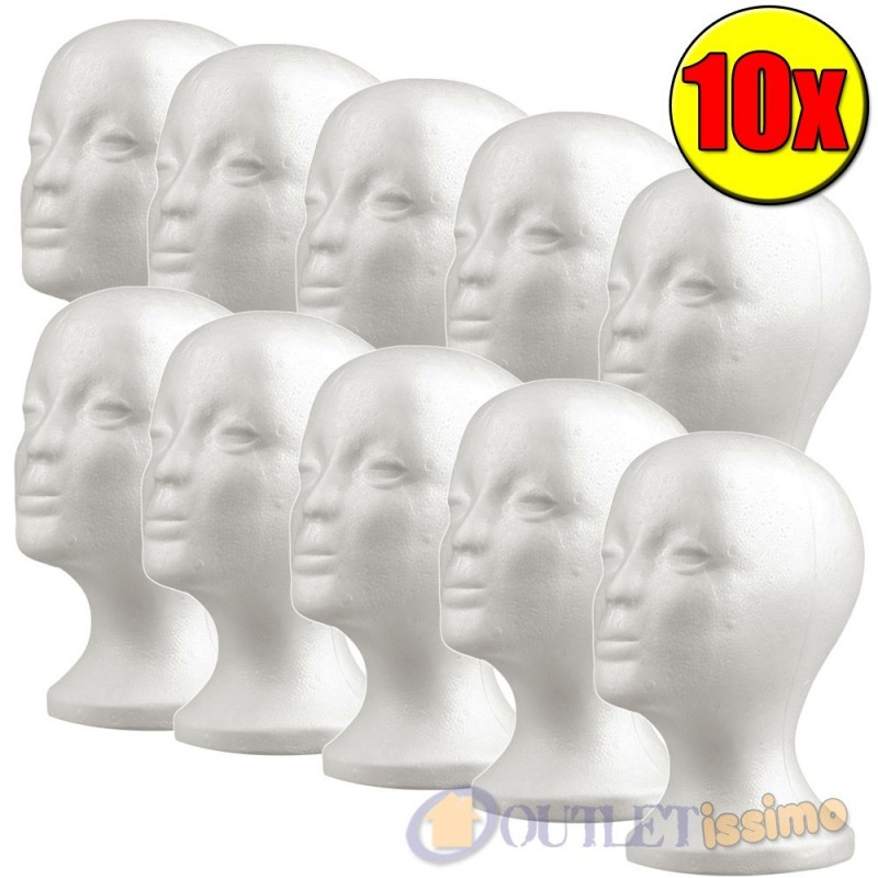 KIT 10 TESTE TESTA IN POLISTIROLO BIANCO ESPOSITORE PER PARRUCCA CAPPELLO CASCO