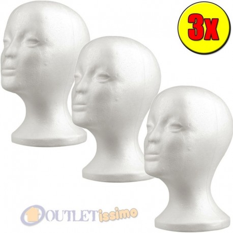 KIT 3 TESTE TESTA IN POLISTIROLO BIANCO ESPOSITORE PER PARRUCCA CAPPELLO CASCO
