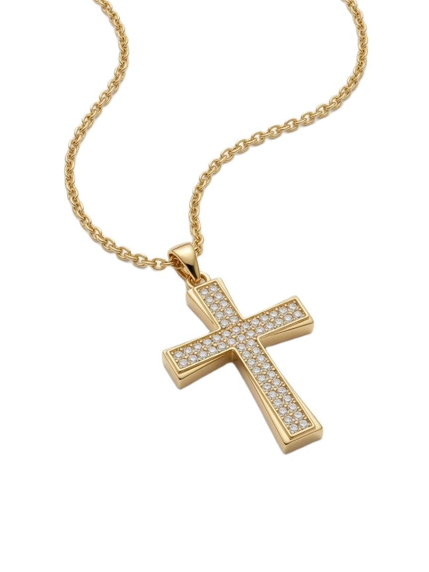 Collana da Uomo e Donna con Ciondolo a Croce DORATA e Zirconi Brillanti - Catenina Elegante Unisex, Colore Argento ET332