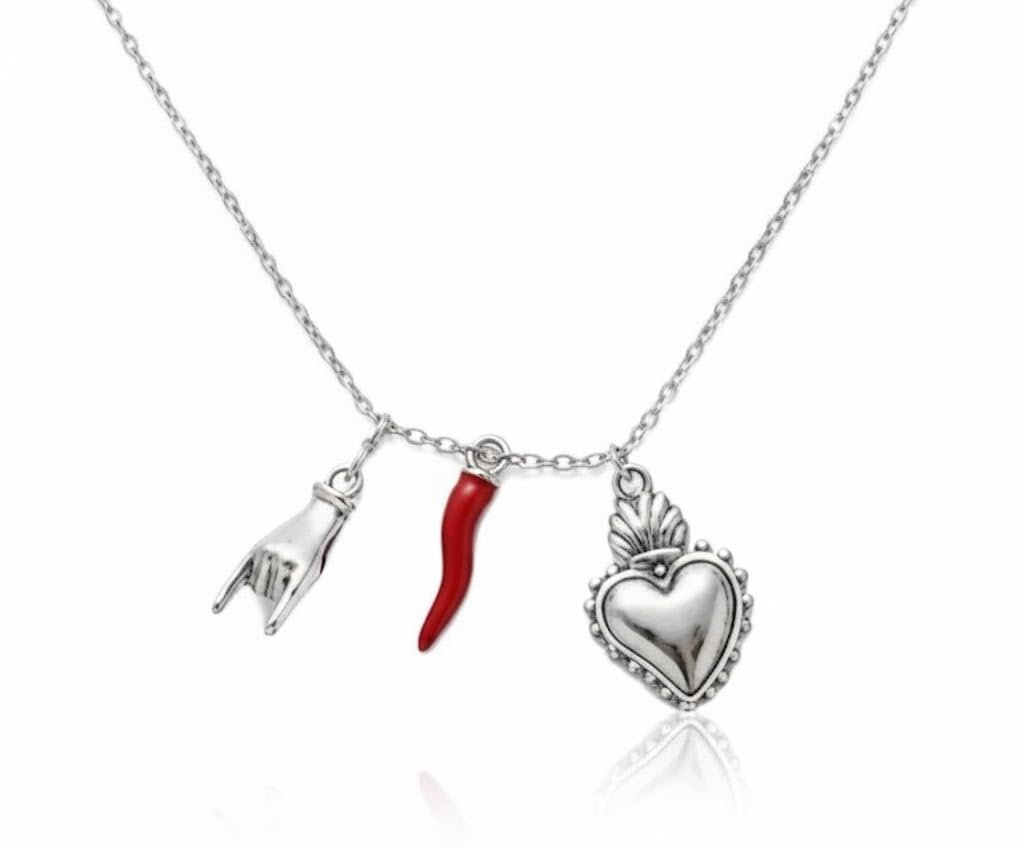Collana Donna in Lega Argentata con Ciondoli Portafortuna – Mano, Corno Rosso e Cuore Sacro – Lunghezza Regolabile ET269