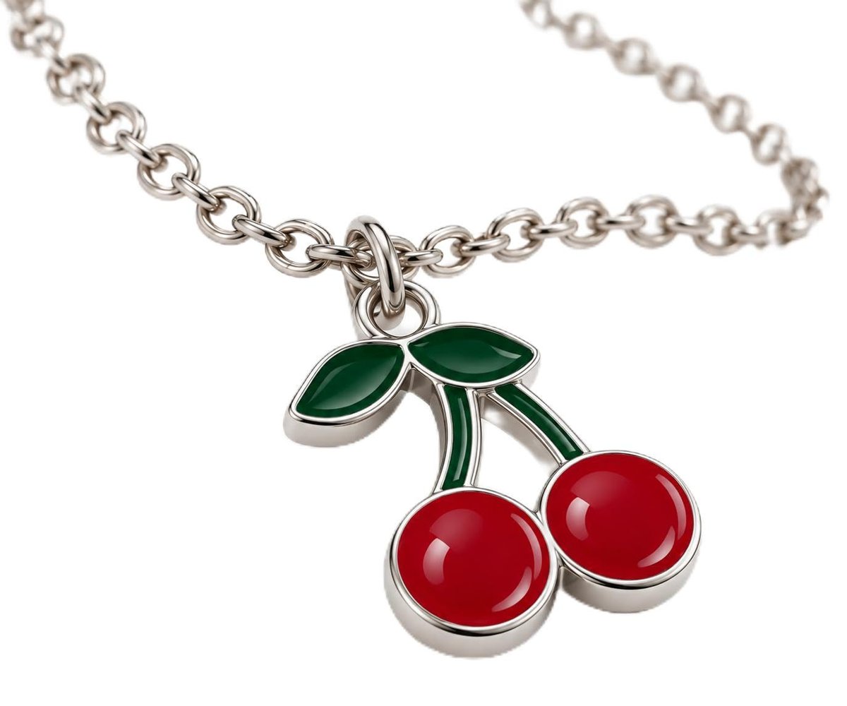Outletissimo® Collana Donna Ciliegie Rosse Ciondolo Smaltato Verde Catena 40+5 cm ET407