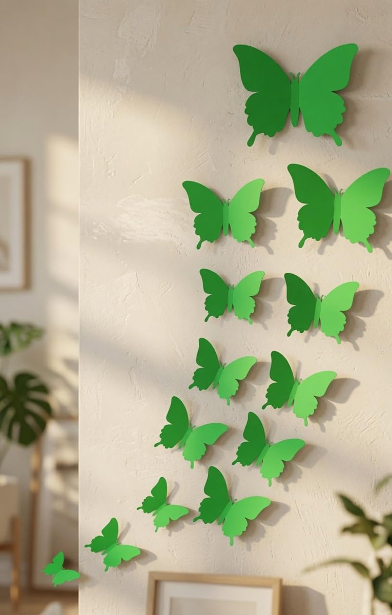 SET 12 FARFALLE ADESIVE VERDI IN PVC EFFETTO 3D DA MURO PARETE ARMADIO SPECCHIO DECORAZIONE CASA VERDE