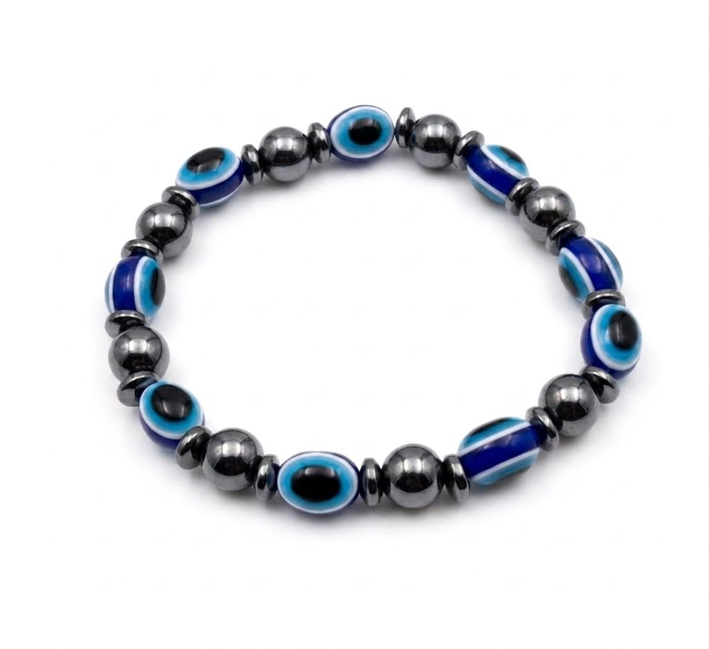 Bracciale Occhio Greco Portafortuna con Perline in Ematite Magnetica e Occhio Blu, Braccialetto Elastico Unisex contro il Malocchio e l'Invidia ET315