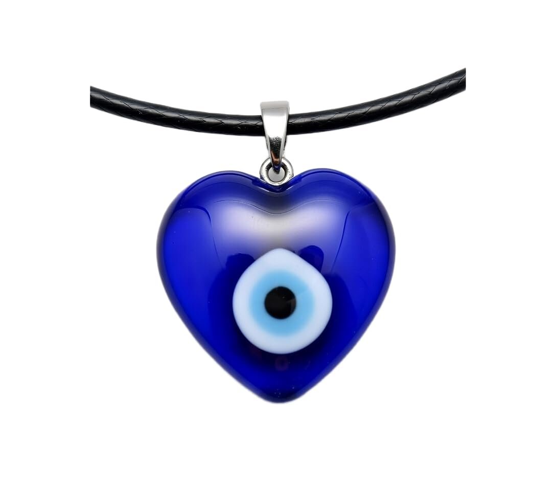 Collana con Ciondolo Cuore Occhio Greco Blu in Vetro – Amuleto Portafortuna Anti-Malocchio Unisex con Cordino Regolabile ET264