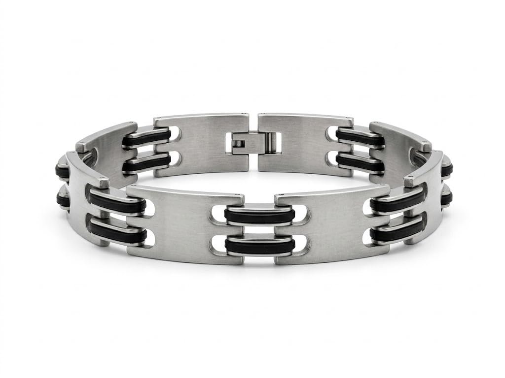Bracciale Uomo in Acciaio Inox Elegante Maglie con Dettagli Neri et370