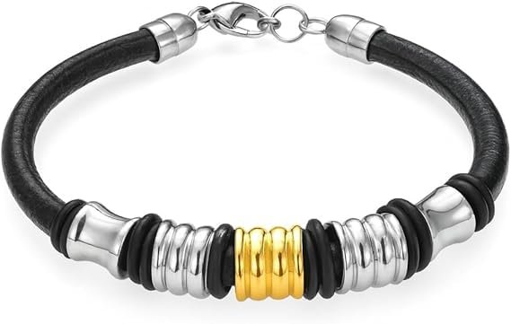Bracciale Uomo in Pelle Nera con Elementi in Metallo Cromato e Dorato – Chiusura a Moschettone ET16