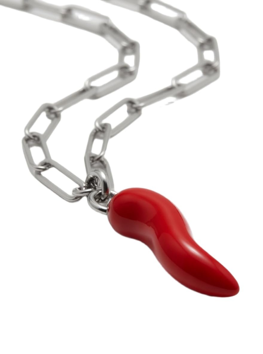 Collana a Catena da Donna con Ciondolo a Cornetto Portafortuna Rosso Smaltato, Girocollo Regolabile ET312