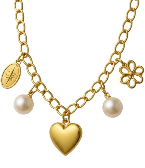 Collana Girocollo Donna Anallergica Colore oro con Ciondoli Cuore, Perle e Quadrifoglio – Stile Elegante e Romantico ET247