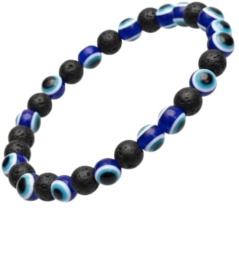 Bracciale Uomo Donna con Perle Laviche e Perline Occhio Greco Blu – Elastico Antistress Portafortuna ET263