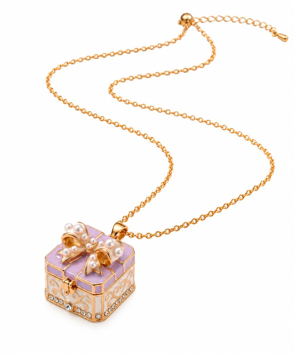 Collana Donna Dorata Ciondolo Pacco Regalo Apribile Fiocco Lilla ET402