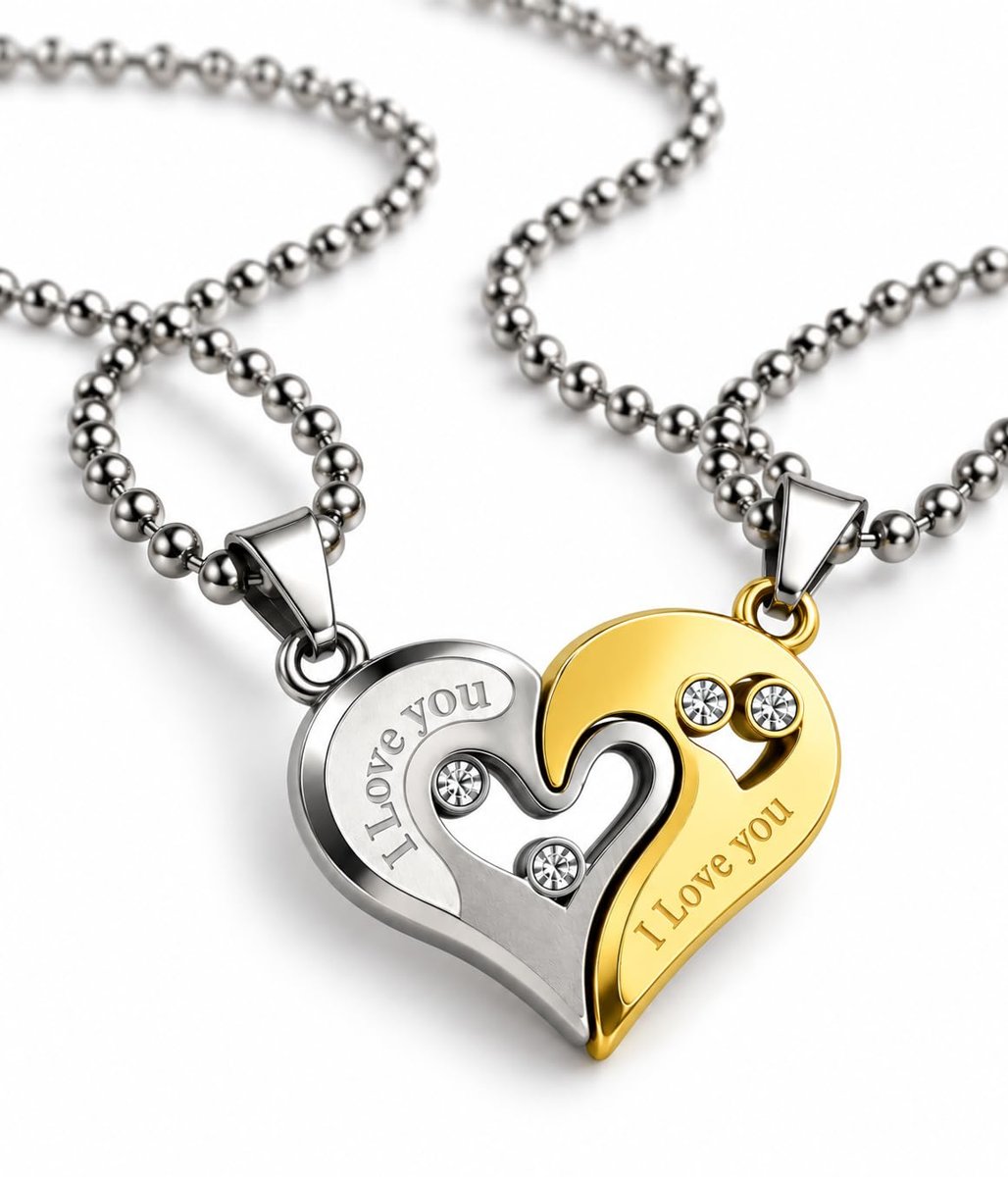 SET 2 DUE COLLANA ACCIAIO INOX UOMO DONNA CIONDOLI CUORE SPEZZATO ZIRCONI ORO ET52