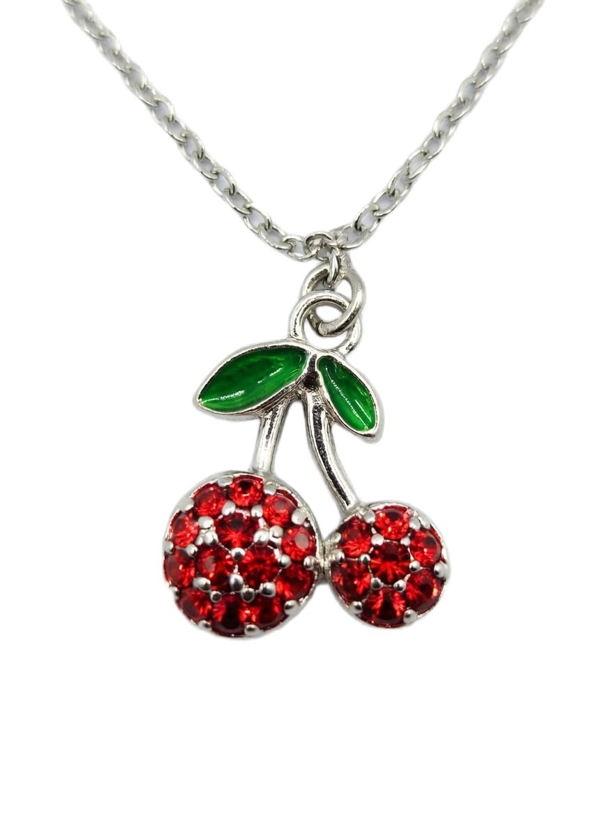 Collana Donna con Pendente Doppia Ciliegia con Cristalli Rossi Brillanti e Foglia Verde ET285