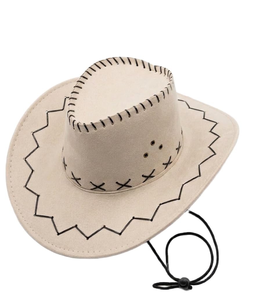 Cappello da cowboy in stile western vintage, cappello country unisex per feste a tema, travestimenti, cosplay ed eventi, cinturino regolabile e tesa larga beige bianco V041