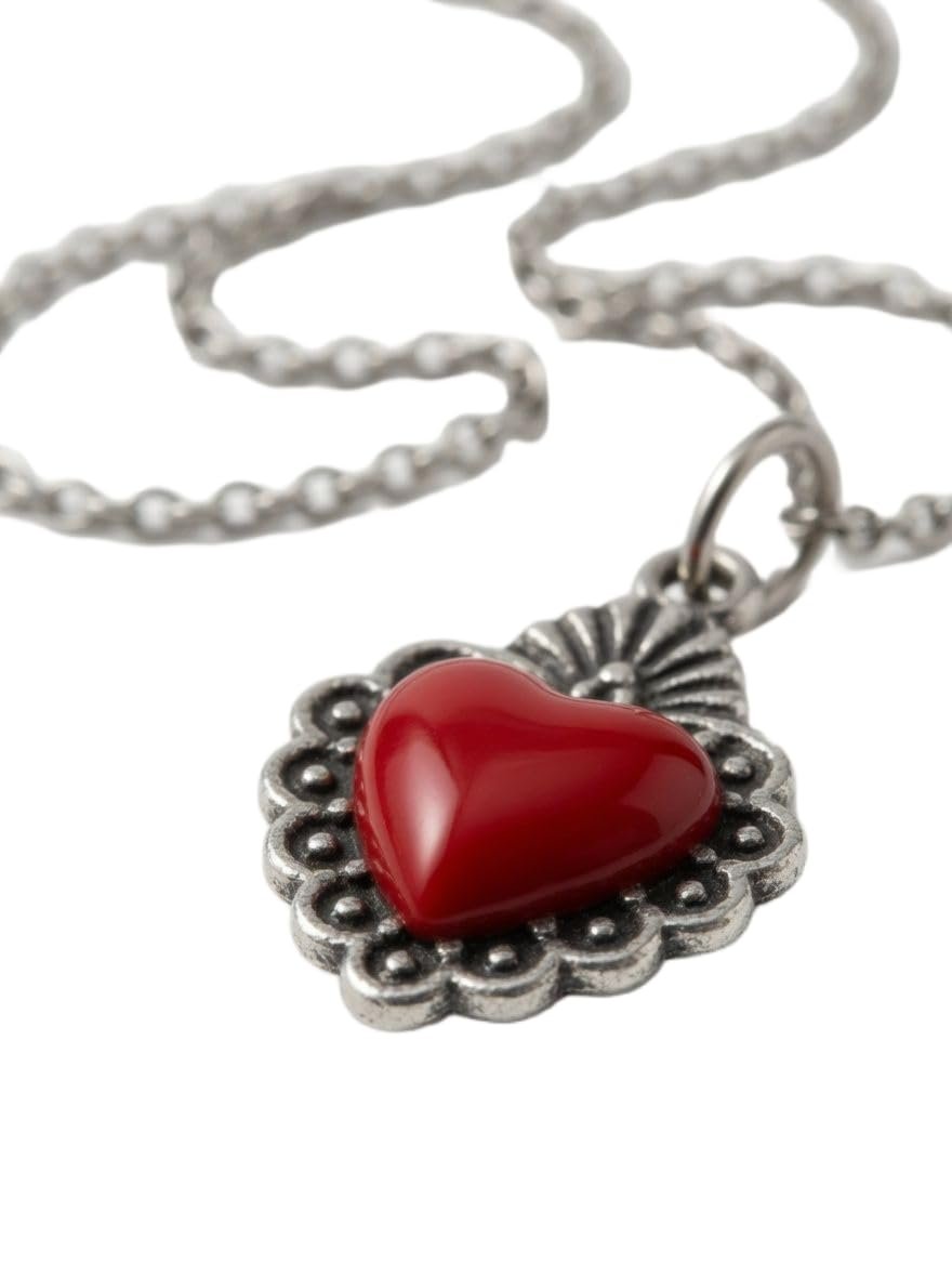 Collana da Donna con Ciondolo Cuore Rosso Sacro ed Effetto Anticato - Catenina Regolabile Elegante Bigiotteria Idea Regalo ET318