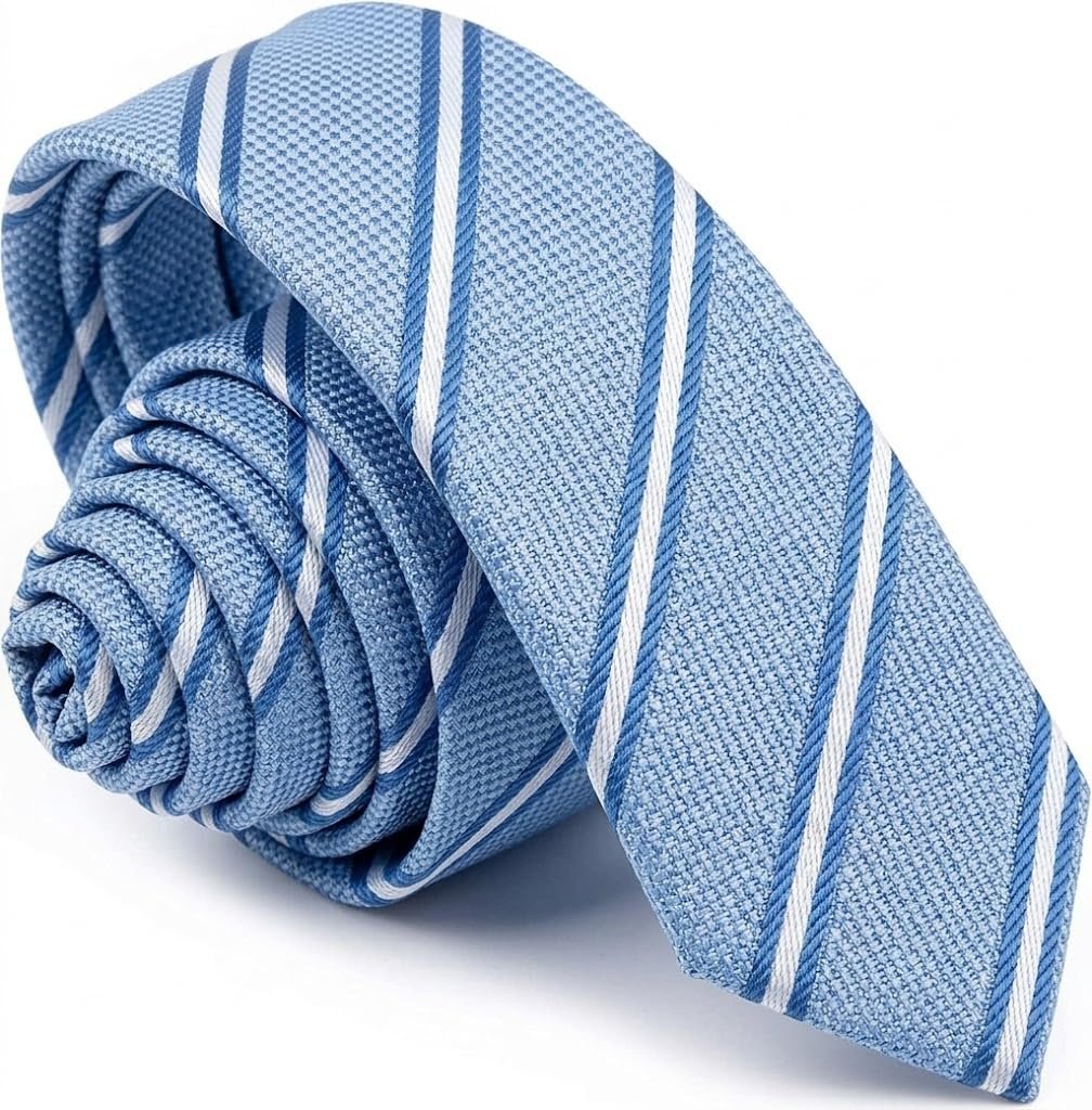Cravatta Uomo Argento Blu e Azzurro Slim Stretta 6cm in Micro Twill a Righe Diagonali Regimental, Elegante Cerimonia Affari 150cm x 5cm