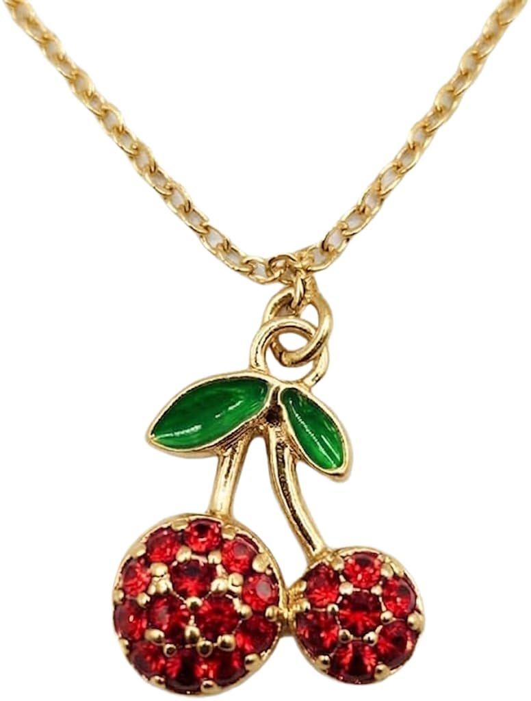 Collana Dorata Donna con Pendente Doppia Ciliegia con Cristalli Rossi Brillanti e Foglia Verde ET299