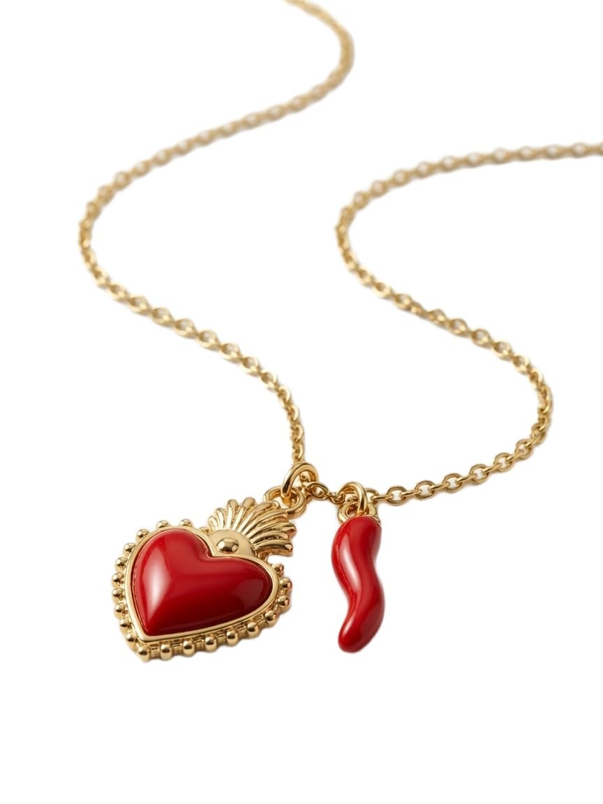 Collana Catenina Dorata da Donna con Ciondoli Cuore Sacro e Cornetto Portafortuna Rosso, Chiusura Regolabile ET273
