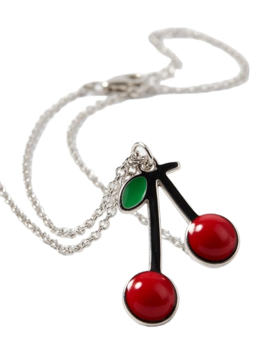 Collana Donna Girocollo Fashion con Pendente Doppia Ciliegia Rossa Smaltata e Foglia Verde ET281