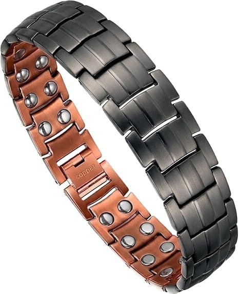 Bracciale Magnetico Uomo in Acciaio Inossidabile Acciao Grigio scuro, Interno in Rame Anticato con Micro-Inserti, Terapia con Magneti ad Alta Potenza, Design Moderno S106