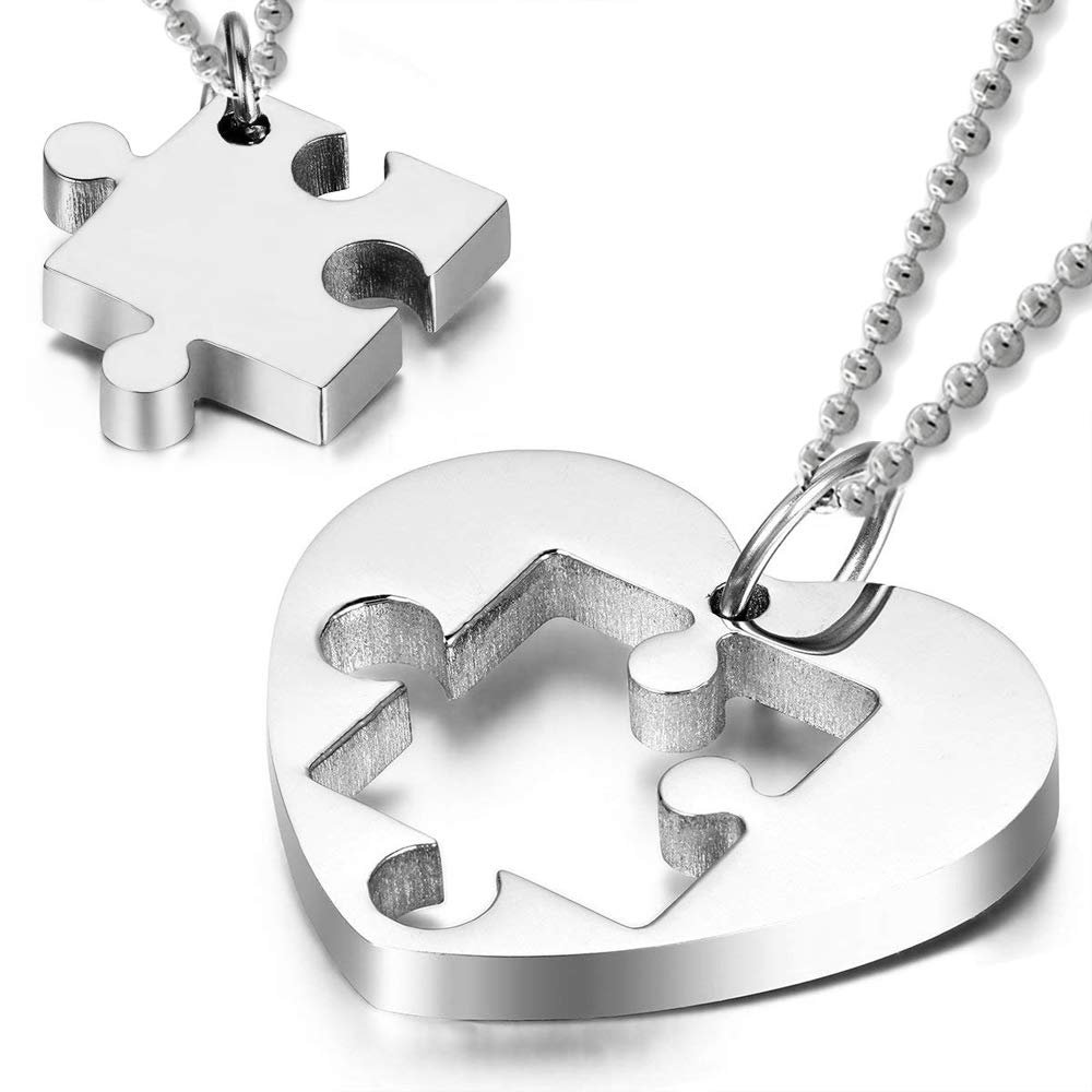 COPPIA CIONDOLI COLLANA CUORE E PUZZLE IN UOMO DONNA ACCIAIO INOSSIDABILE ET32