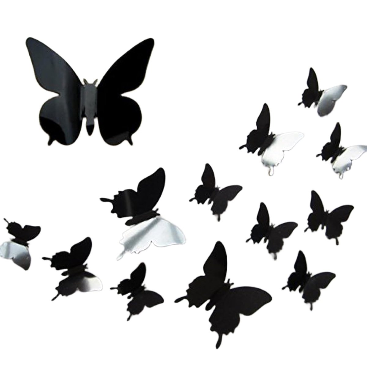 SET 12 FARFALLE ADESIVE NERE IN PVC EFFETTO 3D DA MURO PARETE ARMADIO SPECCHIO DECORAZIONE CASA NERO
