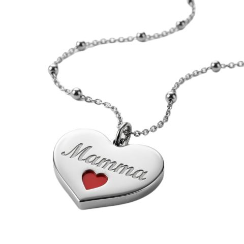 Collana da Donna con Ciondolo Cuore Inciso Mamma e Cuoricino Rosso, Catena con Sferette Regolabile ET327