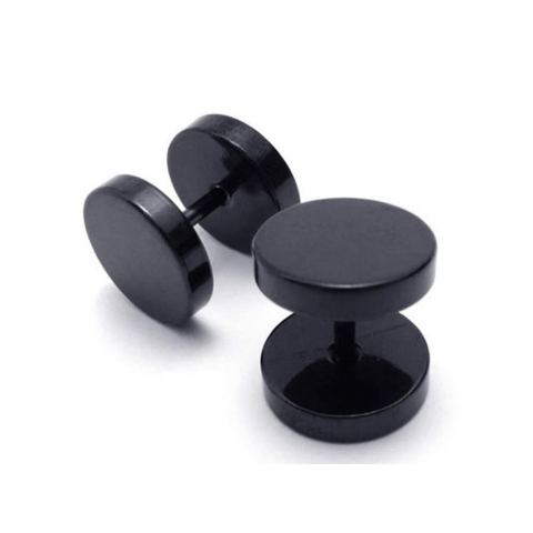COPPIA ORECCHINO ACCIAIO TITANIO PIERCING UOMO DONNA FINTO DILATATORE FAKE PLUG COL 6m NERO